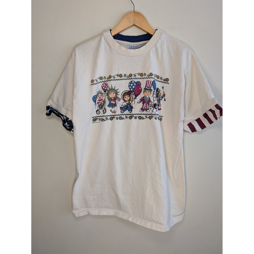 VTG Morning Sun Patriotic Kids Graphic T Shirt Womens L USA‎ Flag Independence